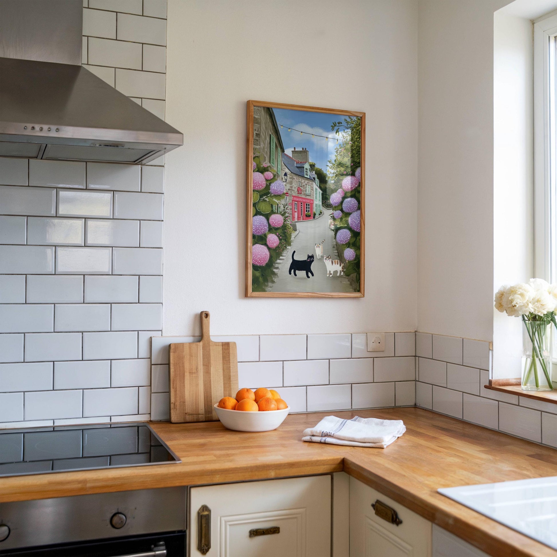 Illustration les 3 petits chats en bretagne – Chats et hortensias - papier premium - idée cadeau breton cottagecore