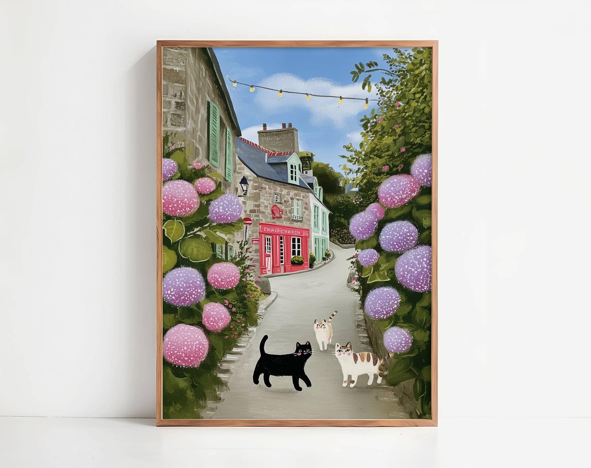 Illustration les 3 petits chats en bretagne – Chats et hortensias - papier premium - idée cadeau breton cottagecore