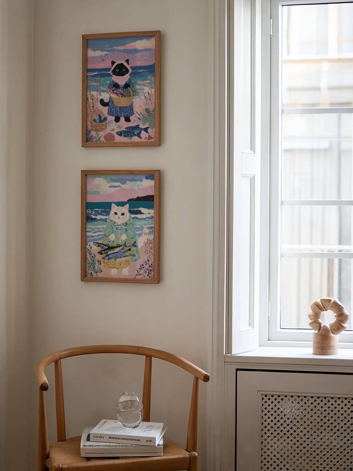 Lot 2 illustrations chats pêcheurs - déco bord de mer - idée cadeau amoureux des chats