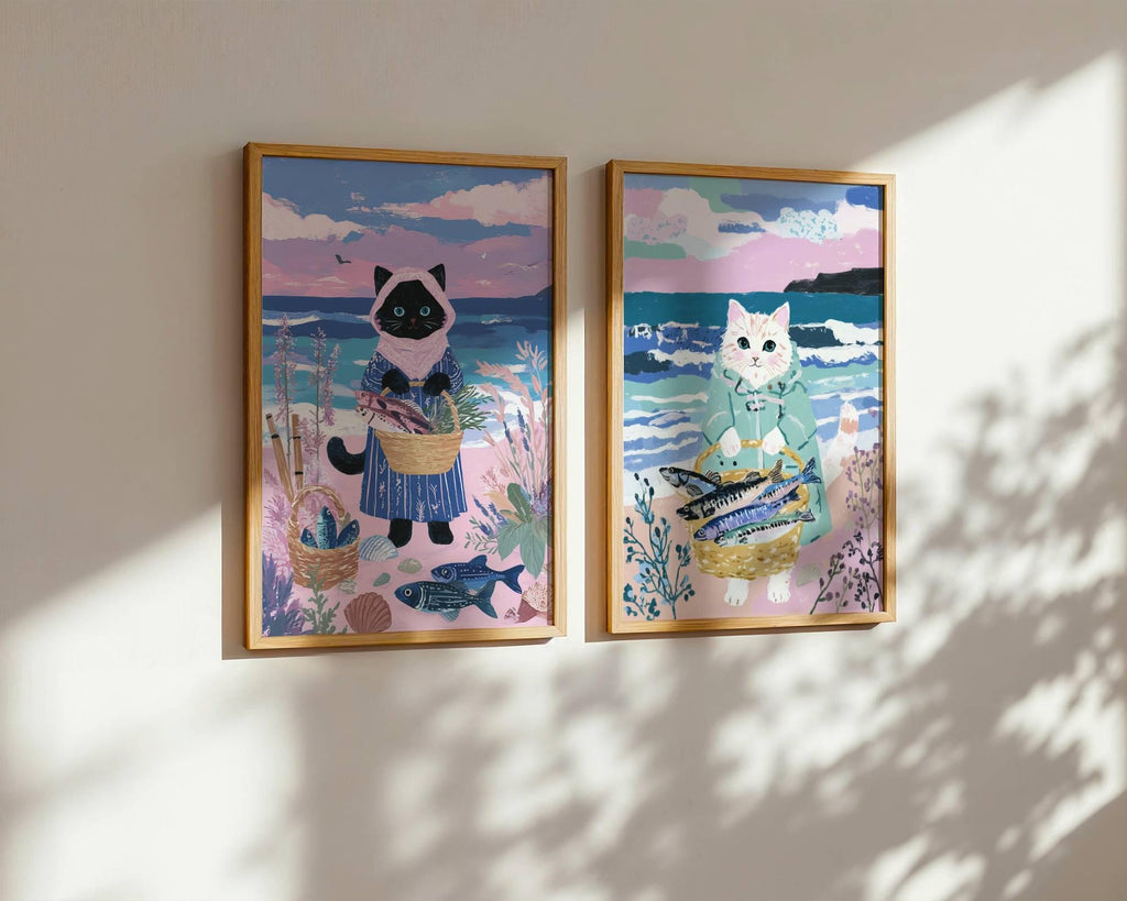 Lot 2 illustrations chats pêcheurs - déco bord de mer - idée cadeau amoureux des chats
