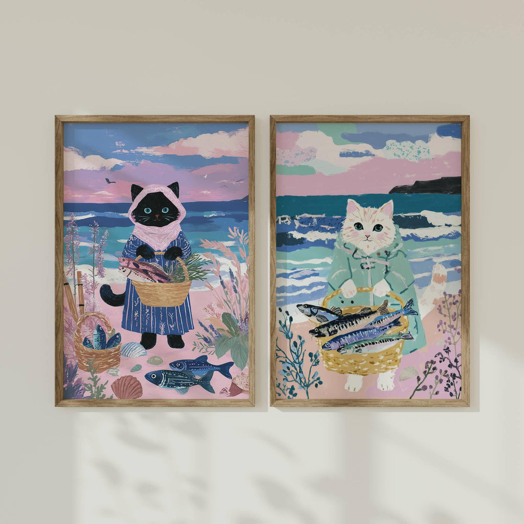 Lot 2 illustrations chats pêcheurs - déco bord de mer - idée cadeau amoureux des chats