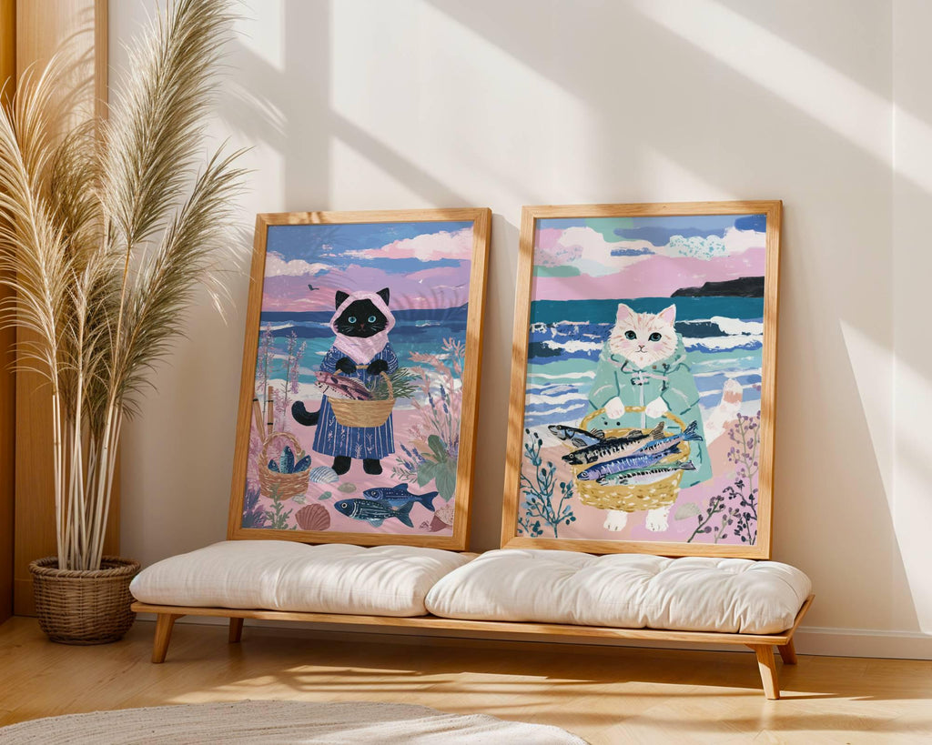 Lot 2 illustrations chats pêcheurs - déco bord de mer - idée cadeau amoureux des chats