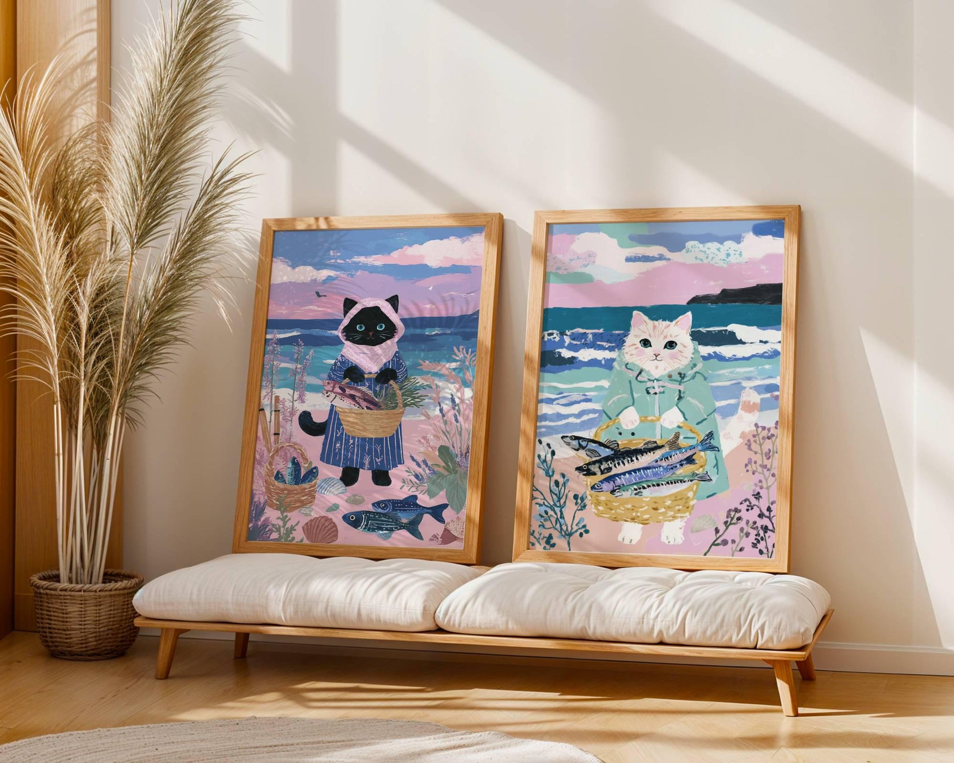 Lot 2 illustrations chats pêcheurs - déco bord de mer - idée cadeau amoureux des chats