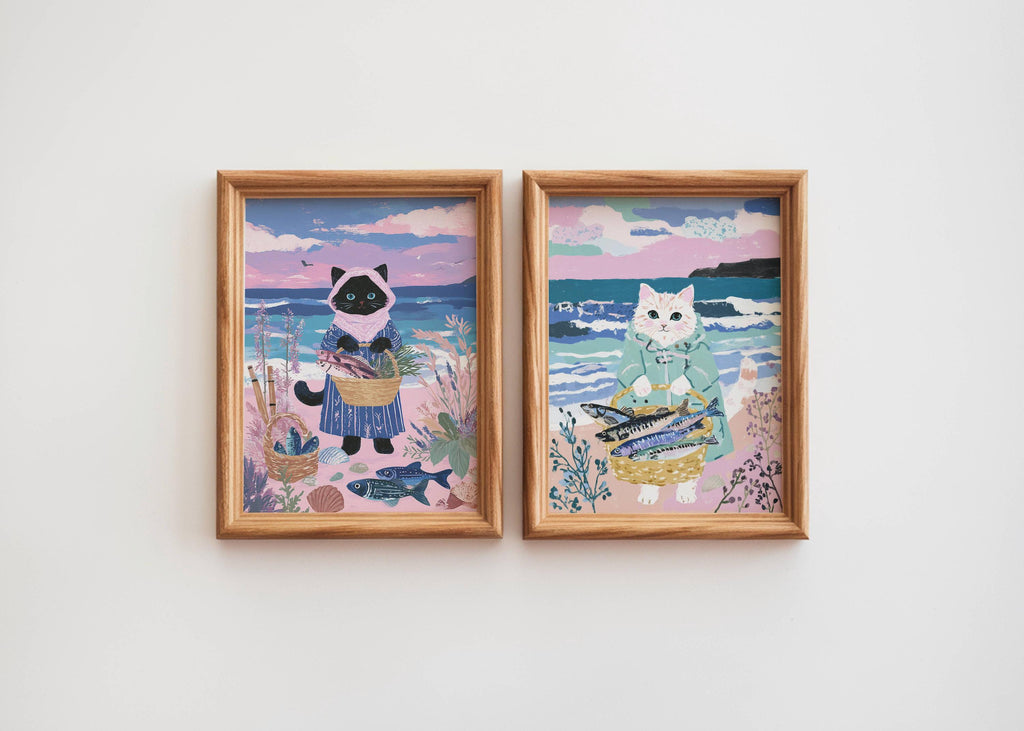 Lot 2 illustrations chats pêcheurs - déco bord de mer - idée cadeau amoureux des chats