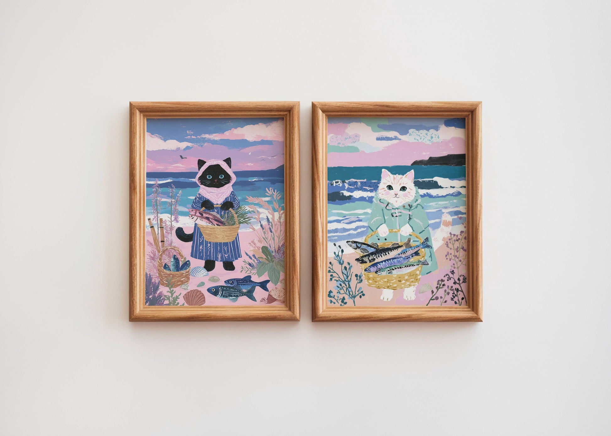 Lot 2 illustrations chats pêcheurs - déco bord de mer - idée cadeau amoureux des chats