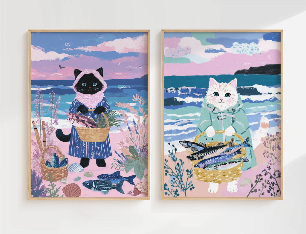 Lot 2 illustrations chats pêcheurs - déco bord de mer - idée cadeau amoureux des chats