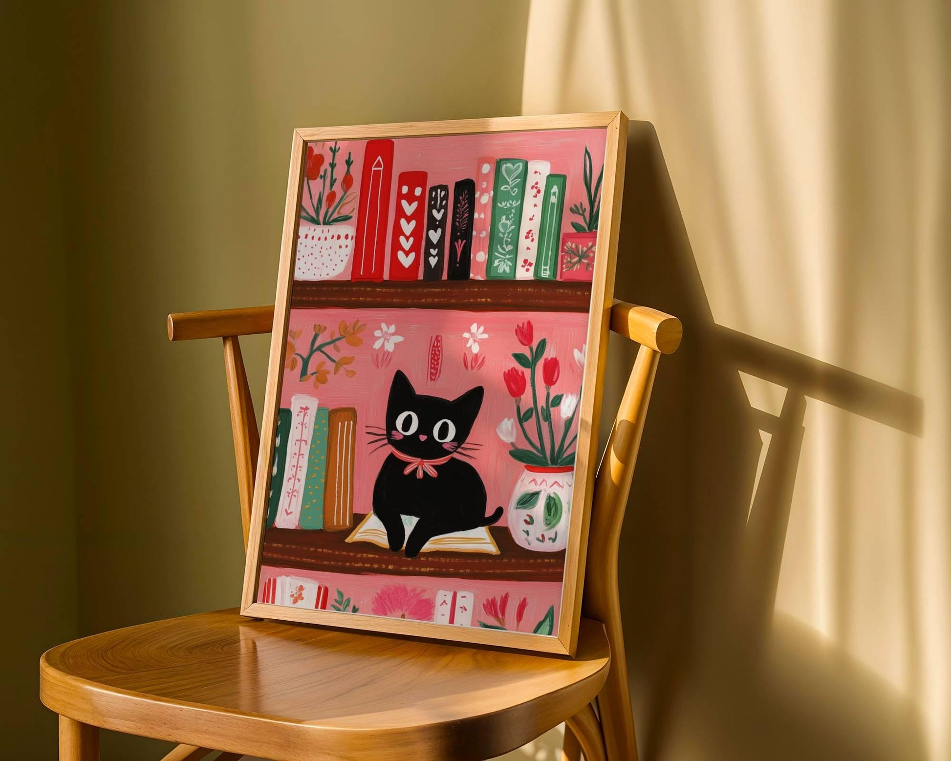 Illustration chat noir Noël – Affiche chat cottagecore rose – idée cadeau amoureux chats