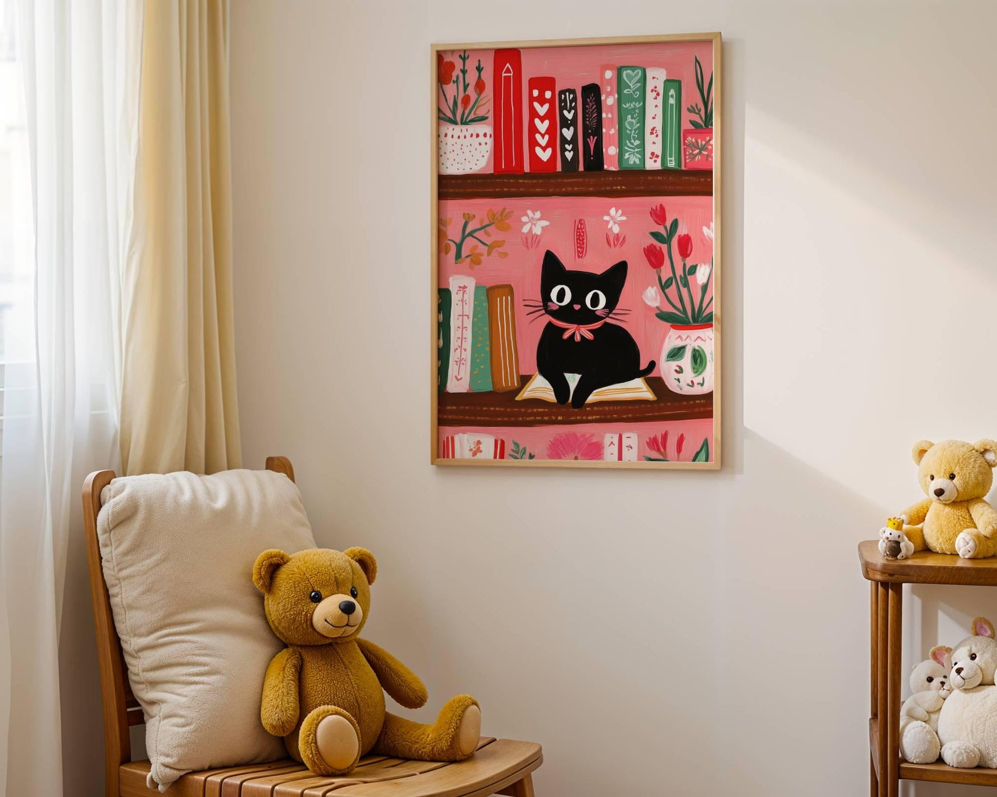 Illustration chat noir Noël – Affiche chat cottagecore rose – idée cadeau amoureux chats