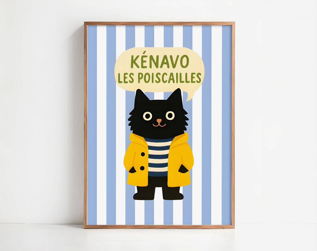 Illustration chat noir - Affiche bretonne chat noir - déco bord de mer - idée cadeau amoureux des chats