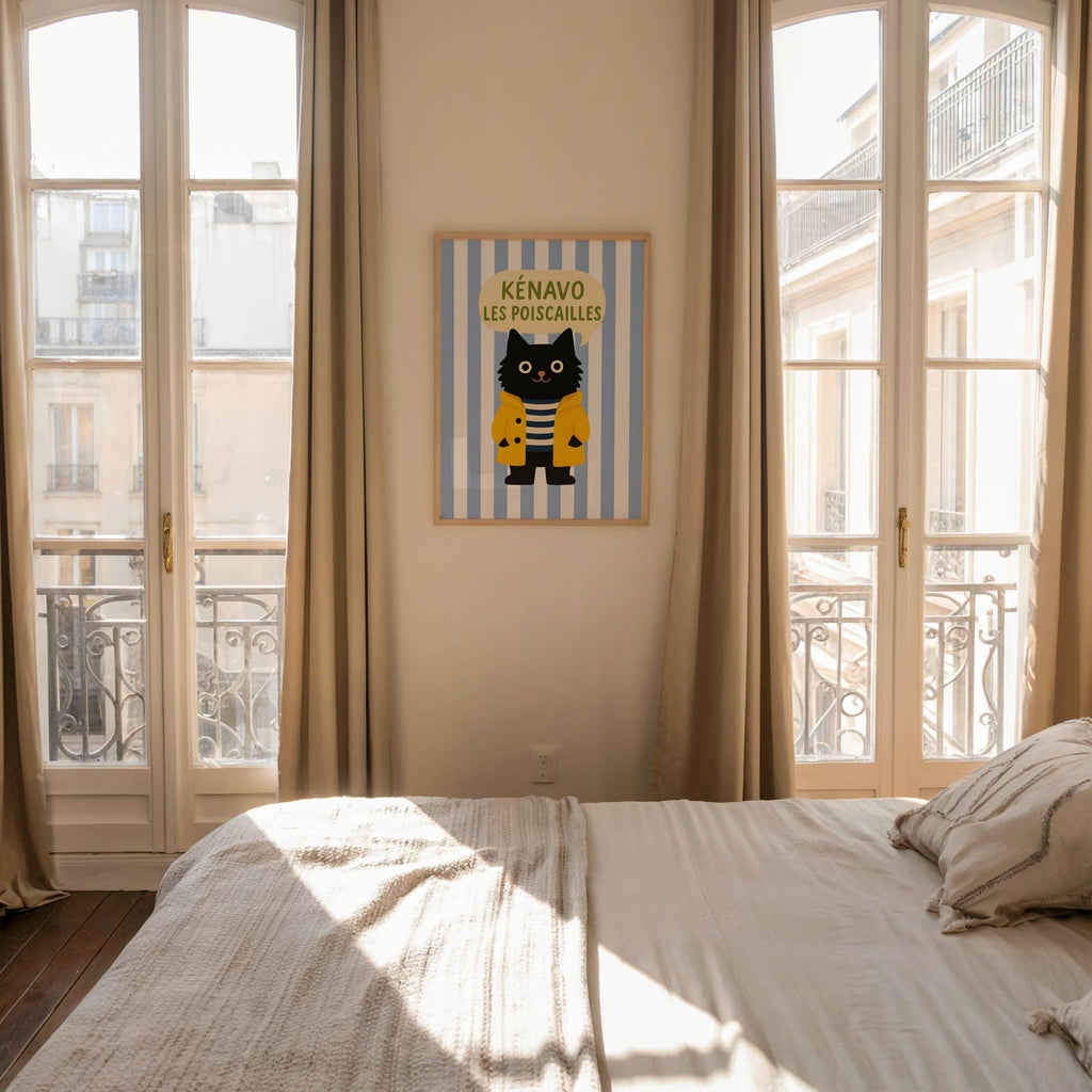 Illustration chat noir - Affiche bretonne chat noir - déco bord de mer - idée cadeau amoureux des chats