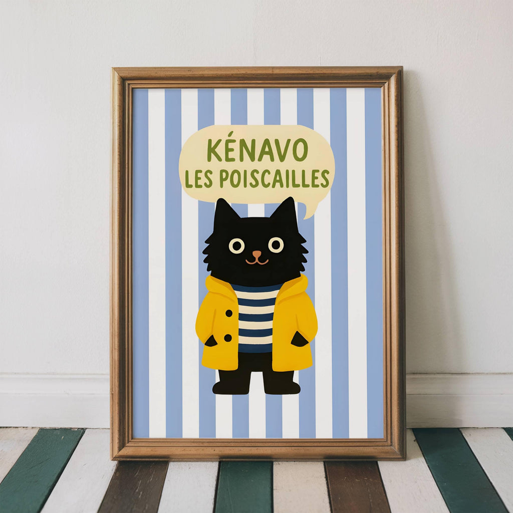Illustration chat noir - Affiche bretonne chat noir - déco bord de mer - idée cadeau amoureux des chats