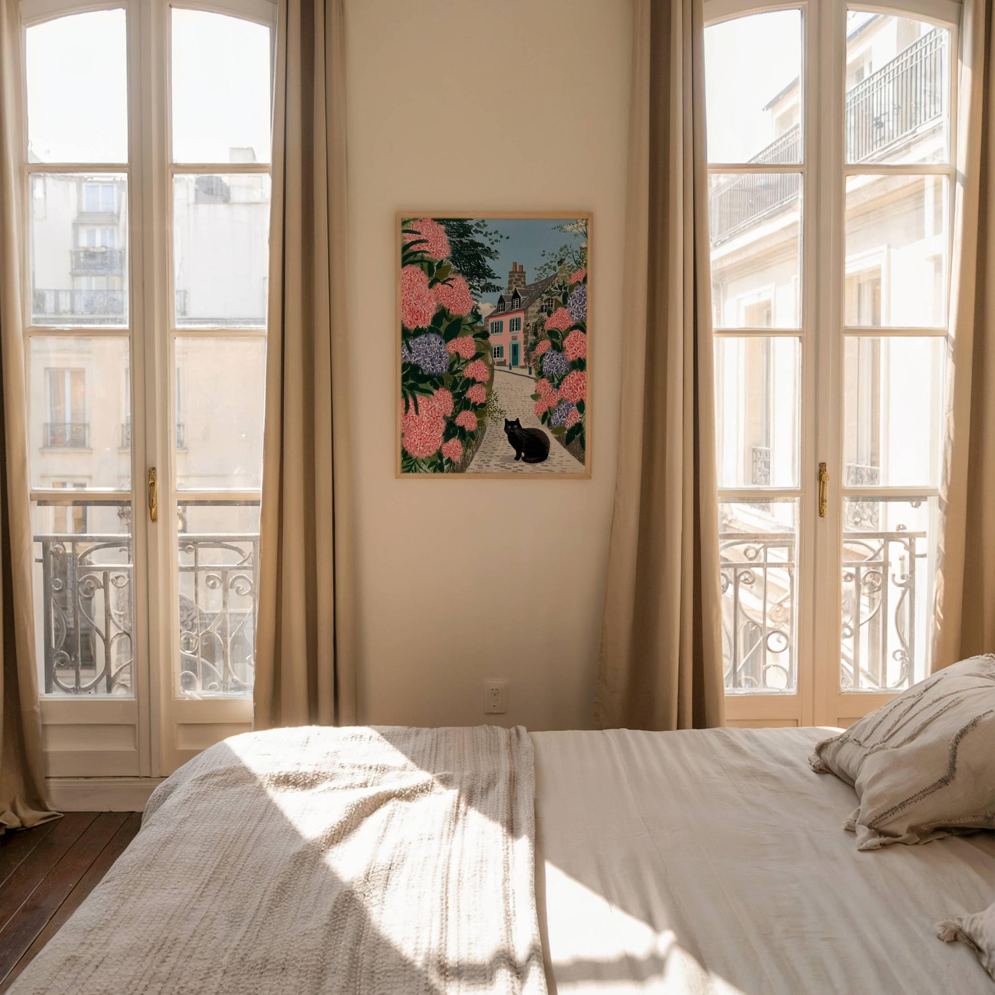 Illustration chat noir hortensias bretagne - déco murale poétique - papier premium - idée cadeau breton