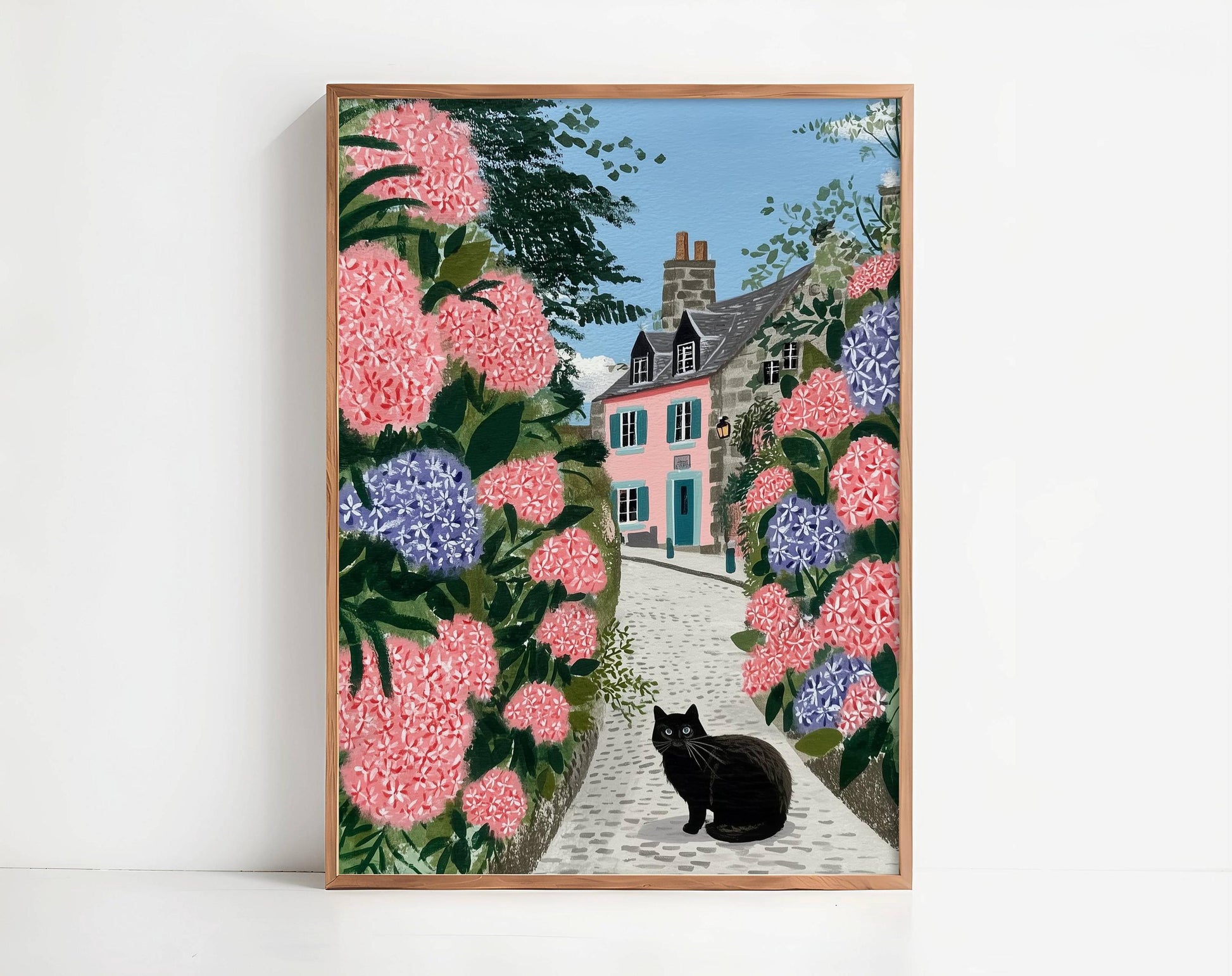 Illustration chat noir hortensias bretagne - déco murale poétique - papier premium - idée cadeau breton