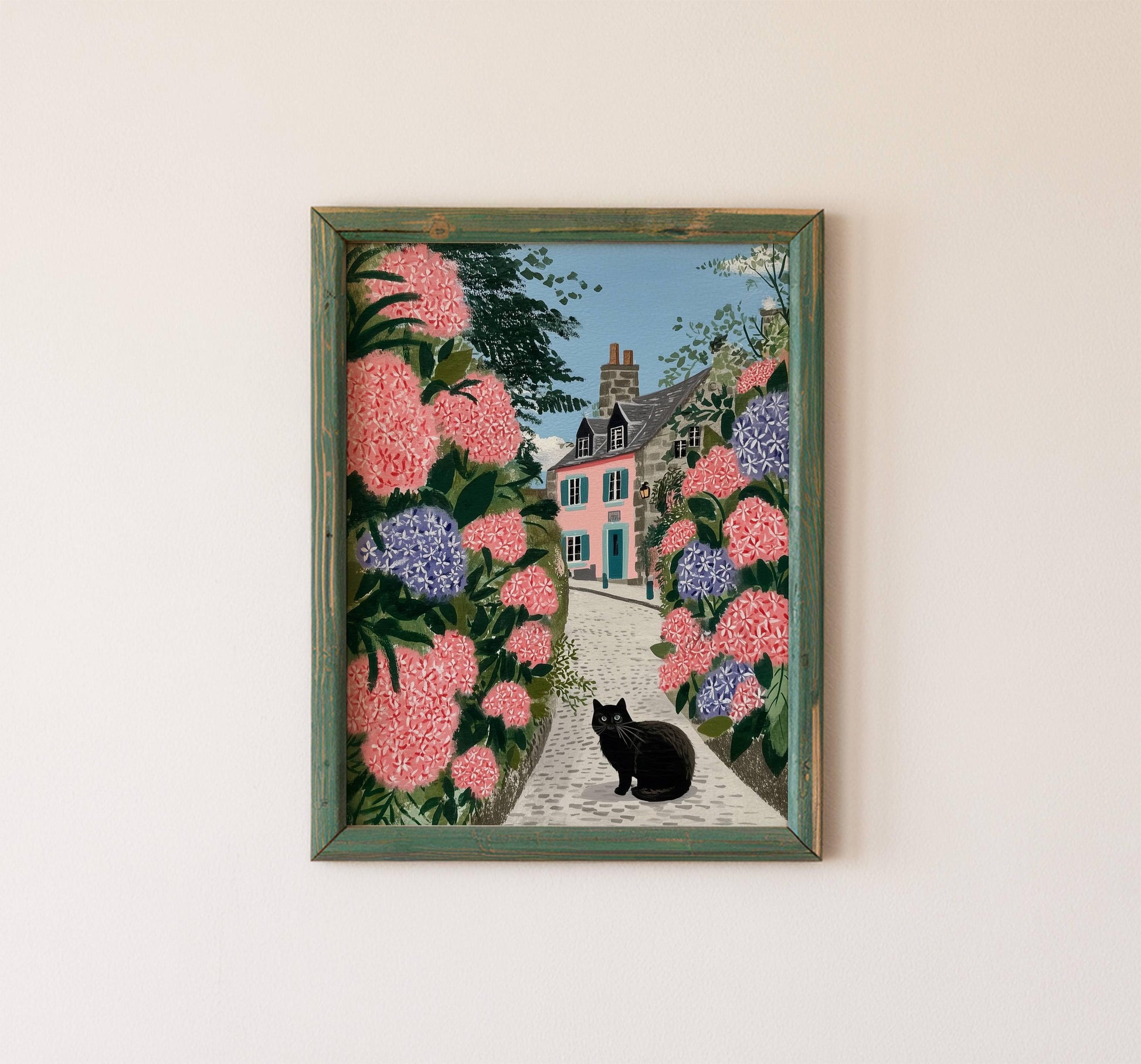 Illustration chat noir hortensias bretagne - déco murale poétique - papier premium - idée cadeau breton