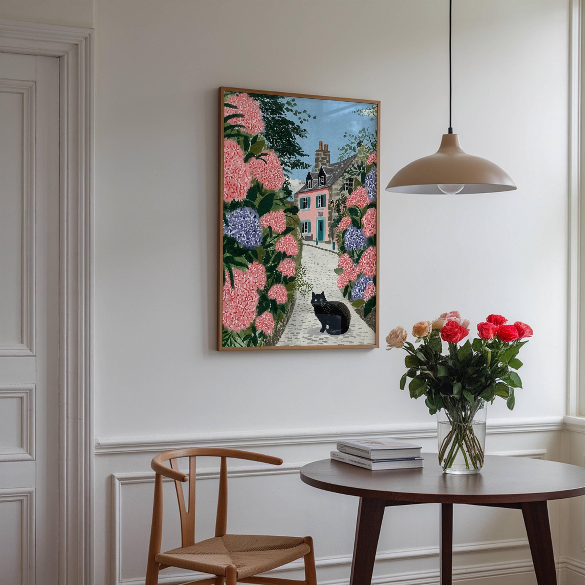 Illustration chat noir hortensias bretagne - déco murale poétique - papier premium - idée cadeau breton