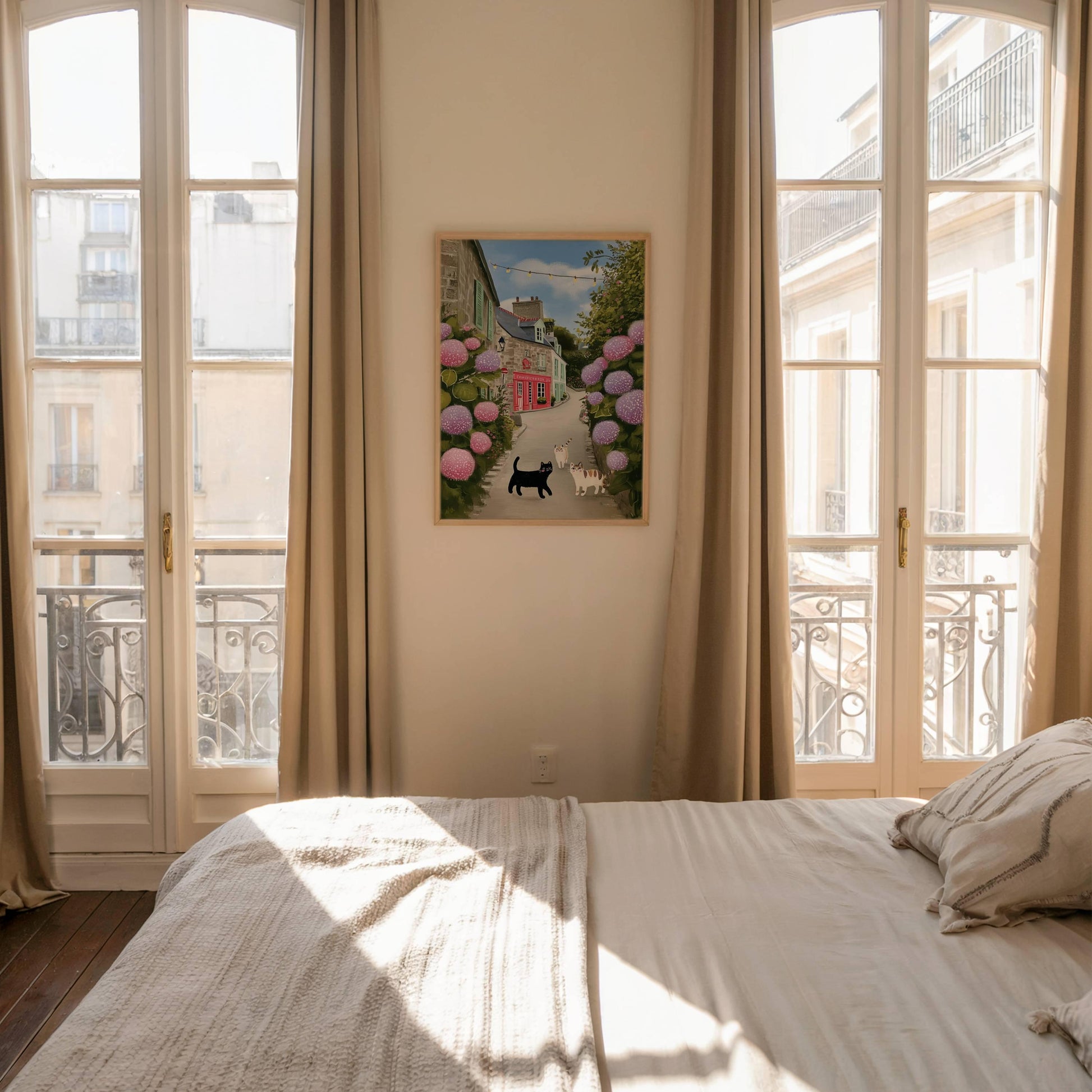 Illustration les 3 petits chats en bretagne – Chats et hortensias - papier premium - idée cadeau breton cottagecore