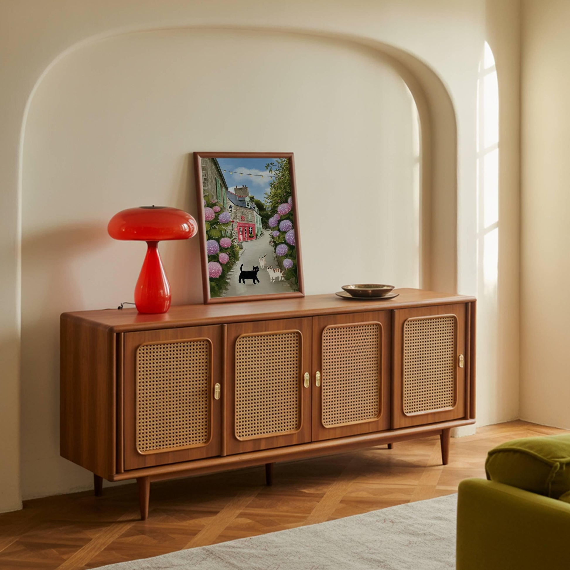 Illustration les 3 petits chats en bretagne – Chats et hortensias - papier premium - idée cadeau breton cottagecore