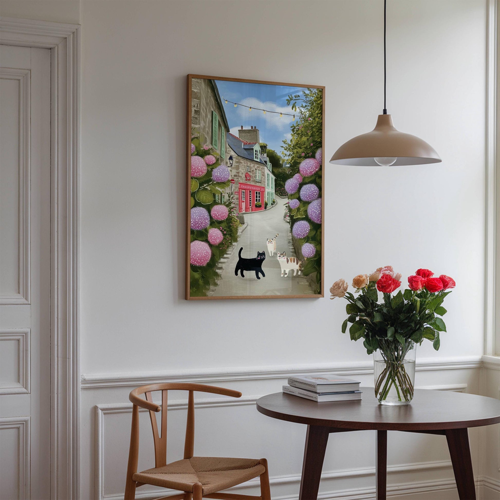 Illustration les 3 petits chats en bretagne – Chats et hortensias - papier premium - idée cadeau breton cottagecore
