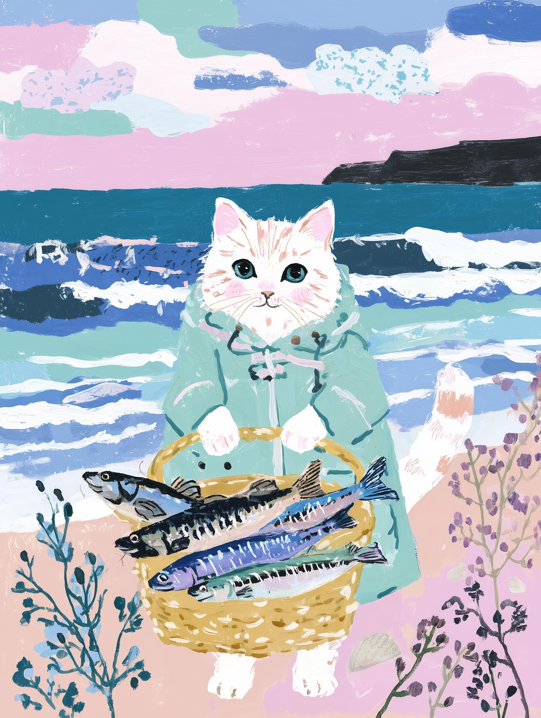 Lot 2 illustrations chats pêcheurs - déco bord de mer - idée cadeau amoureux des chats