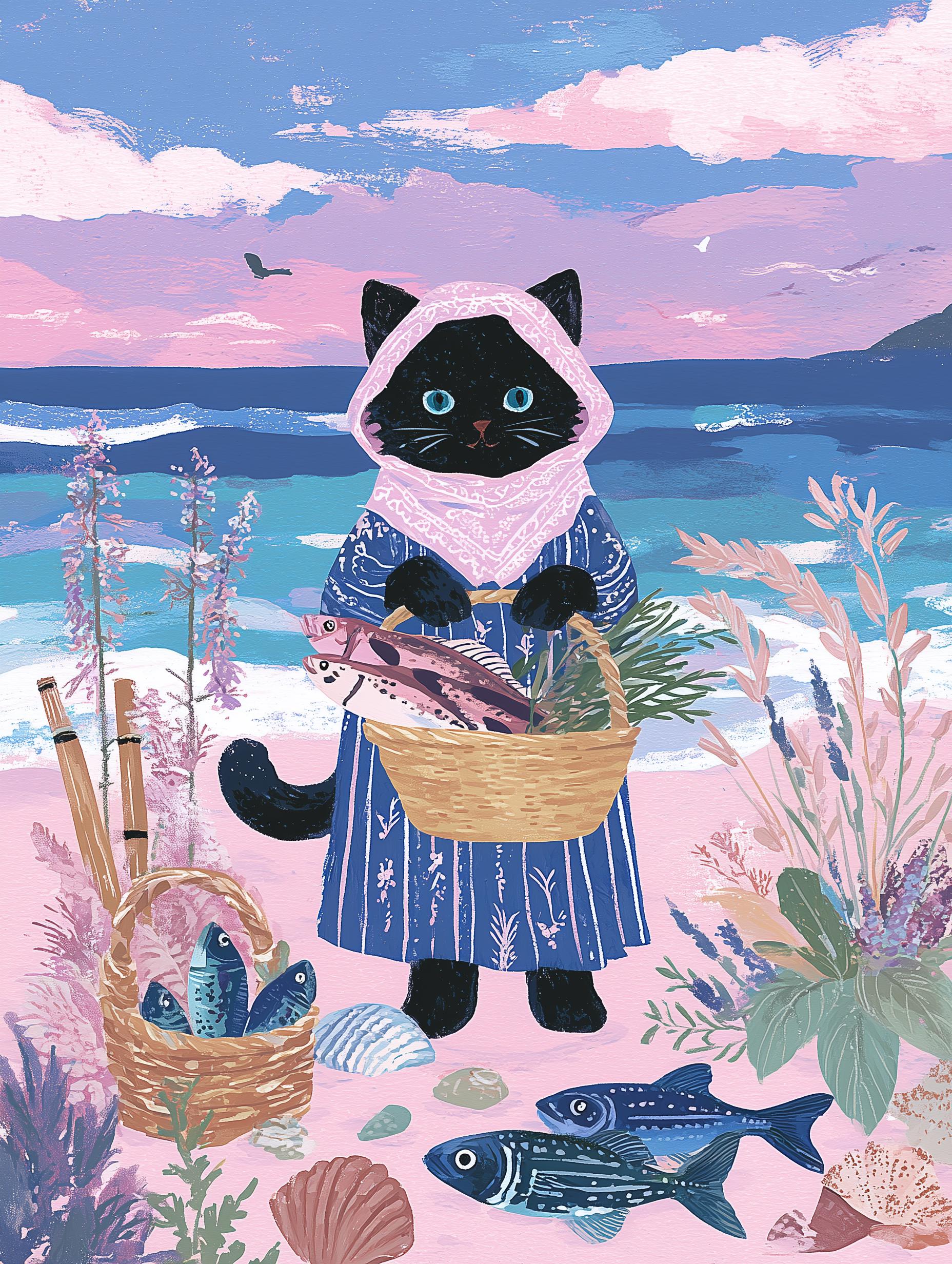 Lot 2 illustrations chats pêcheurs - déco bord de mer - idée cadeau amoureux des chats