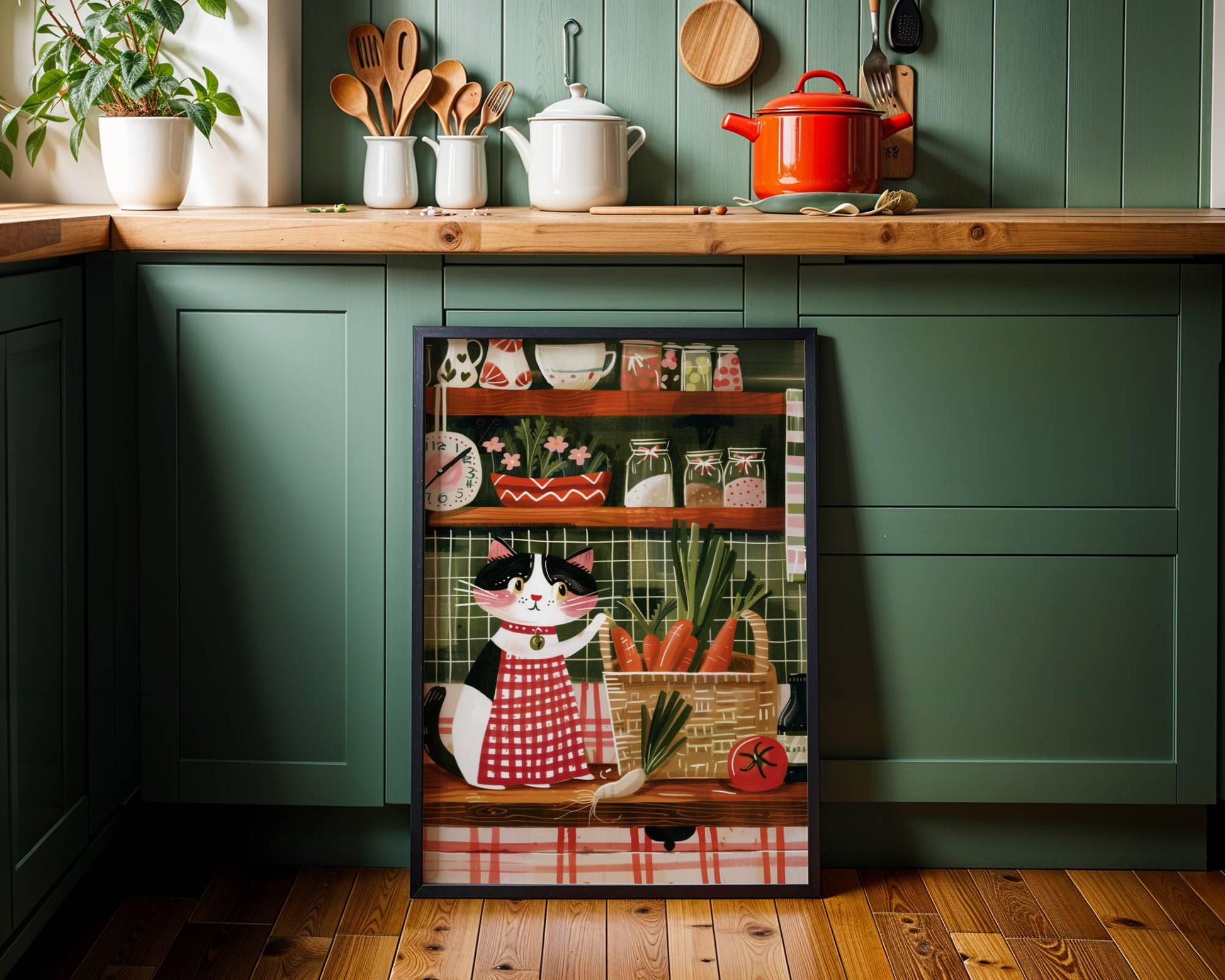 Illustration chat noir et blanc cuisinier – Illustration cuisine cottagecore – déco murale poétique chaleureuse, cadeau amoureux des chats