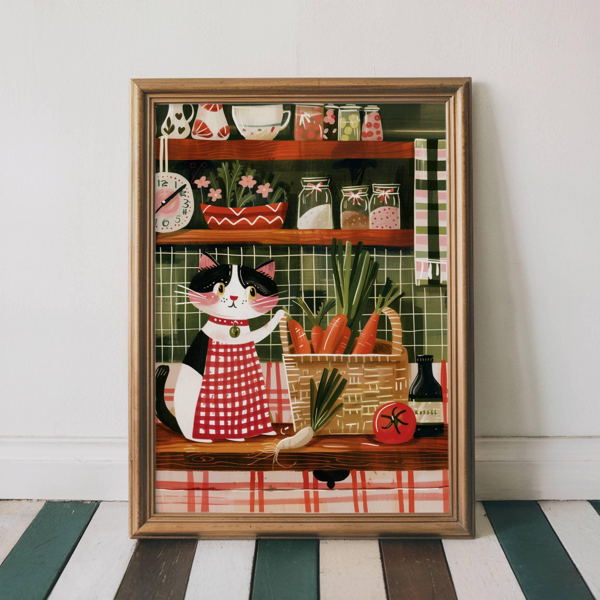 Illustration chat noir et blanc cuisinier – Illustration cuisine cottagecore – déco murale poétique chaleureuse, cadeau amoureux des chats