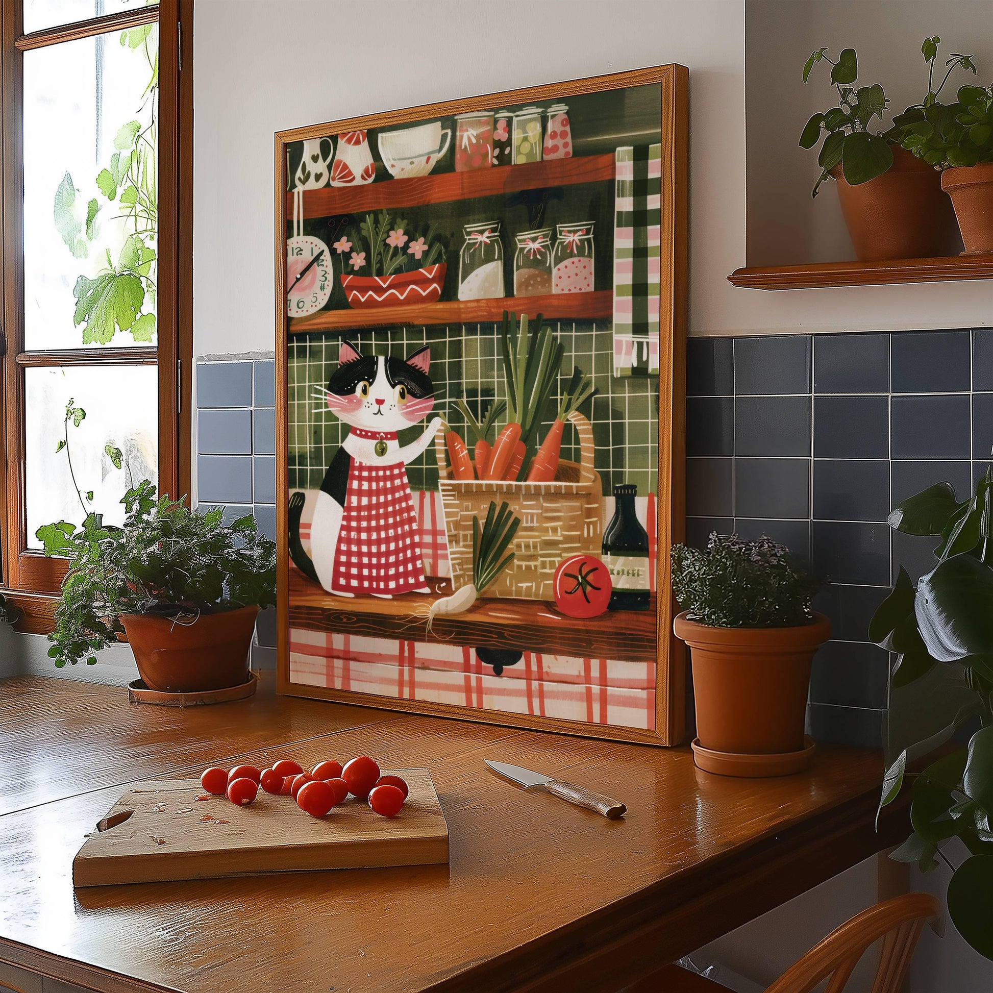 Illustration chat noir et blanc cuisinier – Illustration cuisine cottagecore – déco murale poétique chaleureuse, cadeau amoureux des chats