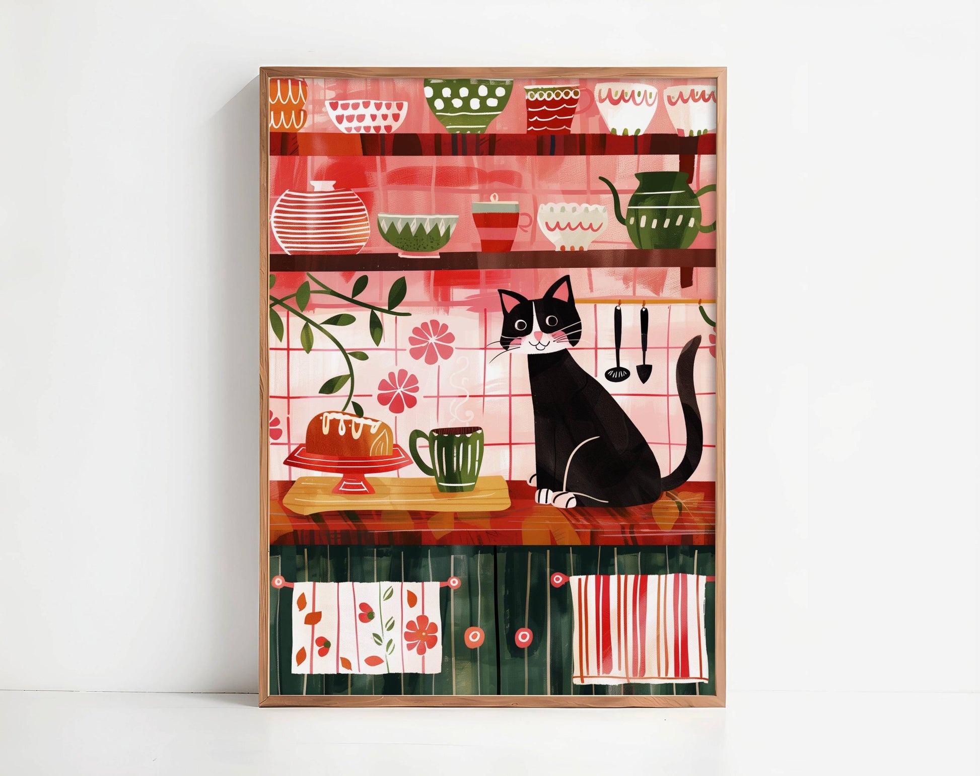 Illustration chat noir cuisine cosy – Illustration cottagecore – cadeau amoureux des chats