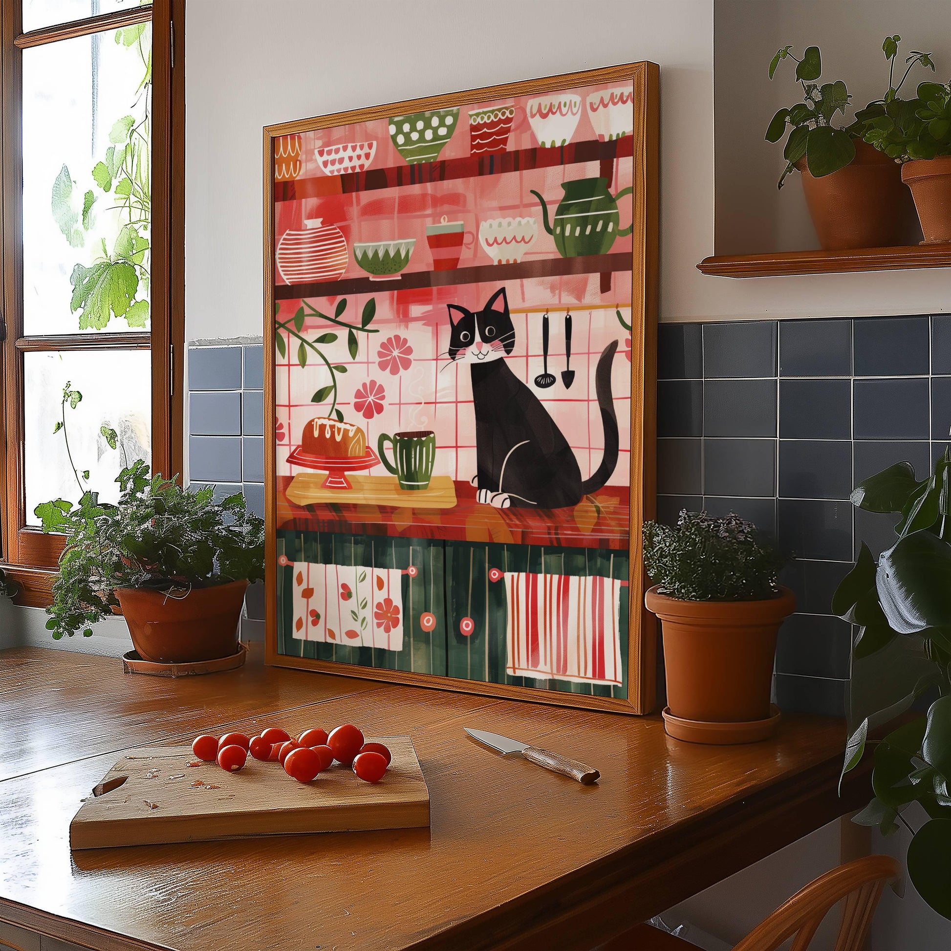 Illustration chat noir cuisine cosy – Illustration cottagecore – cadeau amoureux des chats