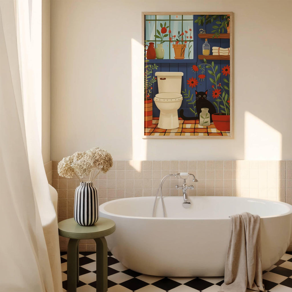 Illustration chat noir salle de bain | affiche toilette humour chat | décor mural plantes et chat | cadeau amoureux des chats