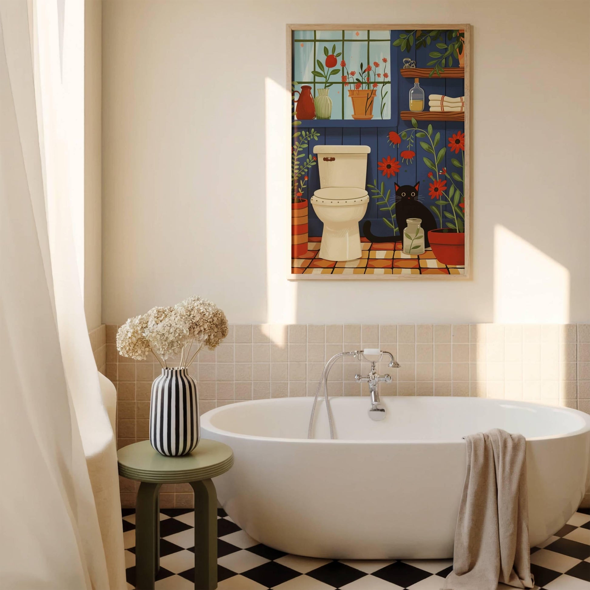 Illustration chat noir salle de bain | affiche toilette humour chat | décor mural plantes et chat | cadeau amoureux des chats