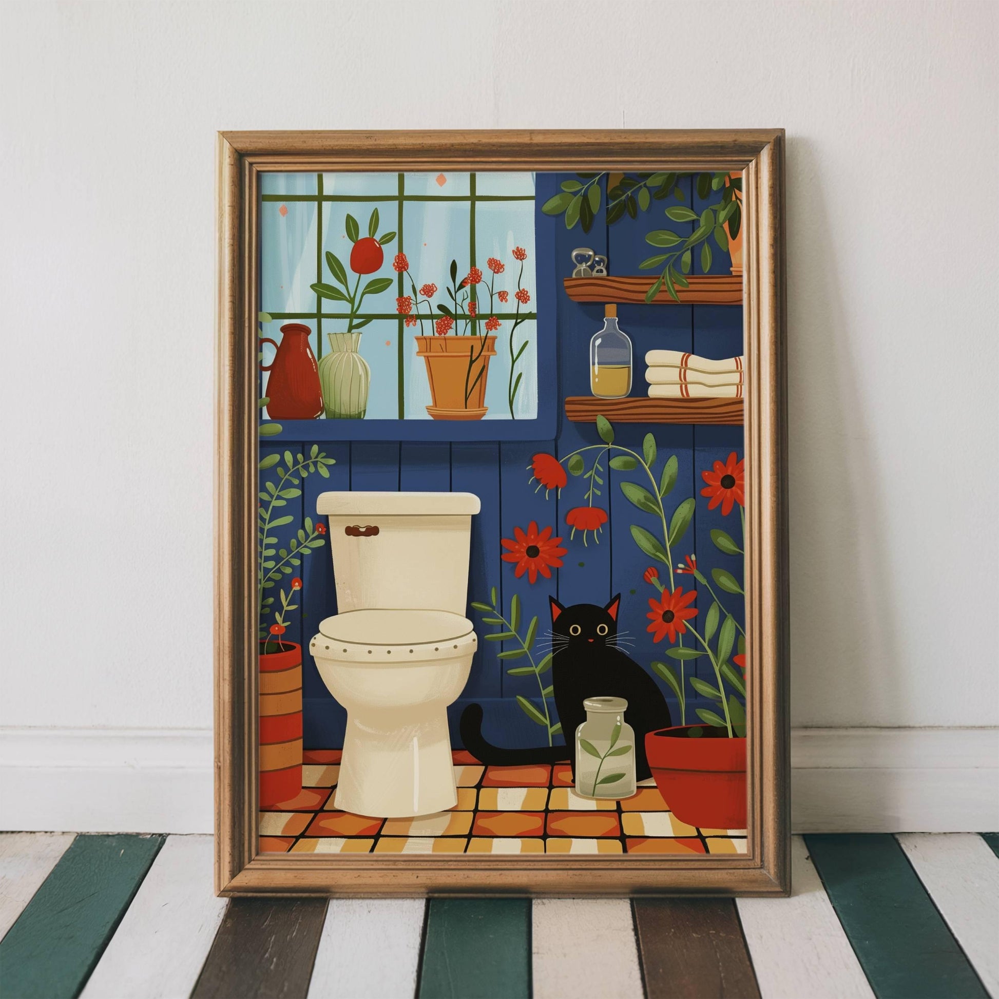 Illustration chat noir salle de bain | affiche toilette humour chat | décor mural plantes et chat | cadeau amoureux des chats