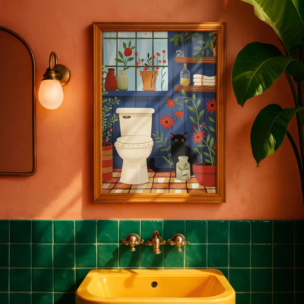 Illustration chat noir salle de bain | affiche toilette humour chat | décor mural plantes et chat | cadeau amoureux des chats