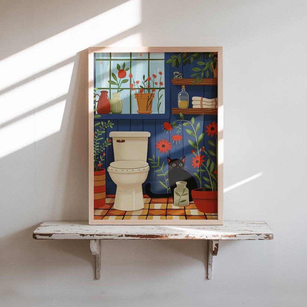 Illustration chat noir salle de bain | affiche toilette humour chat | décor mural plantes et chat | cadeau amoureux des chats