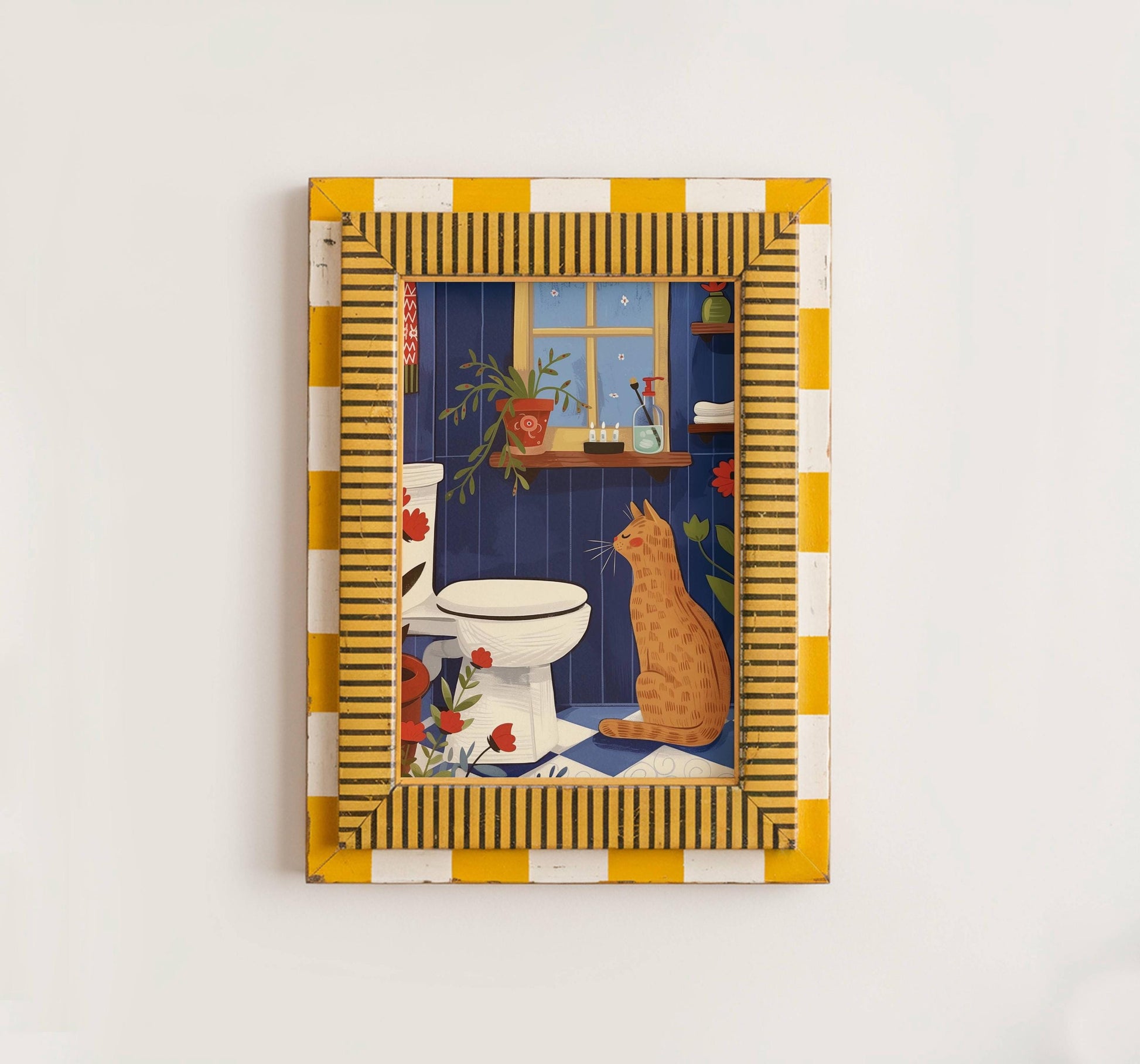 Illustration chat roux salle de bain et toilette - idée cadeau amoureux des chats