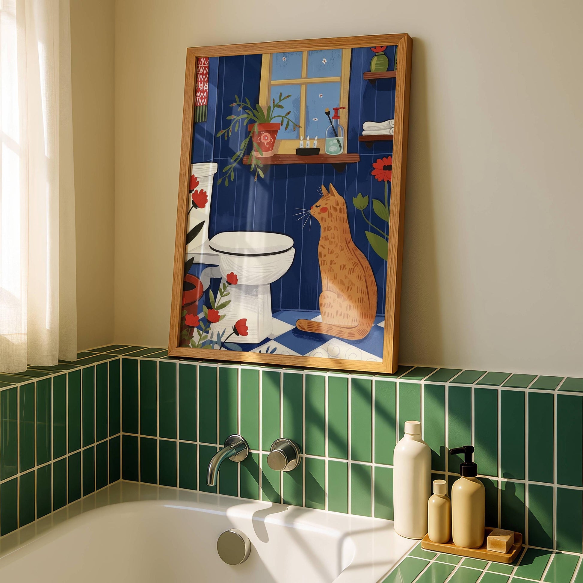 Illustration chat roux salle de bain et toilette - idée cadeau amoureux des chats