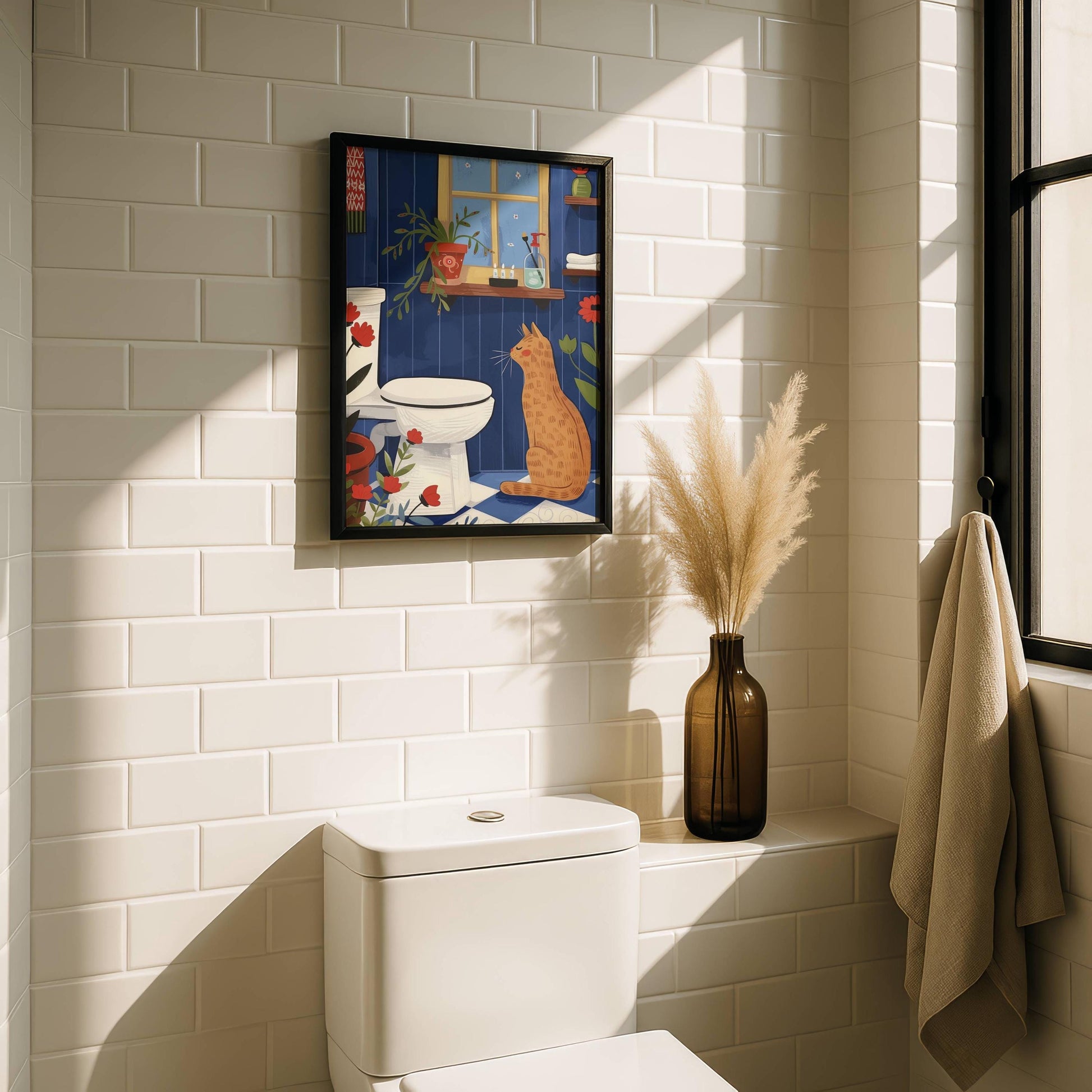 Illustration chat roux salle de bain et toilette - idée cadeau amoureux des chats