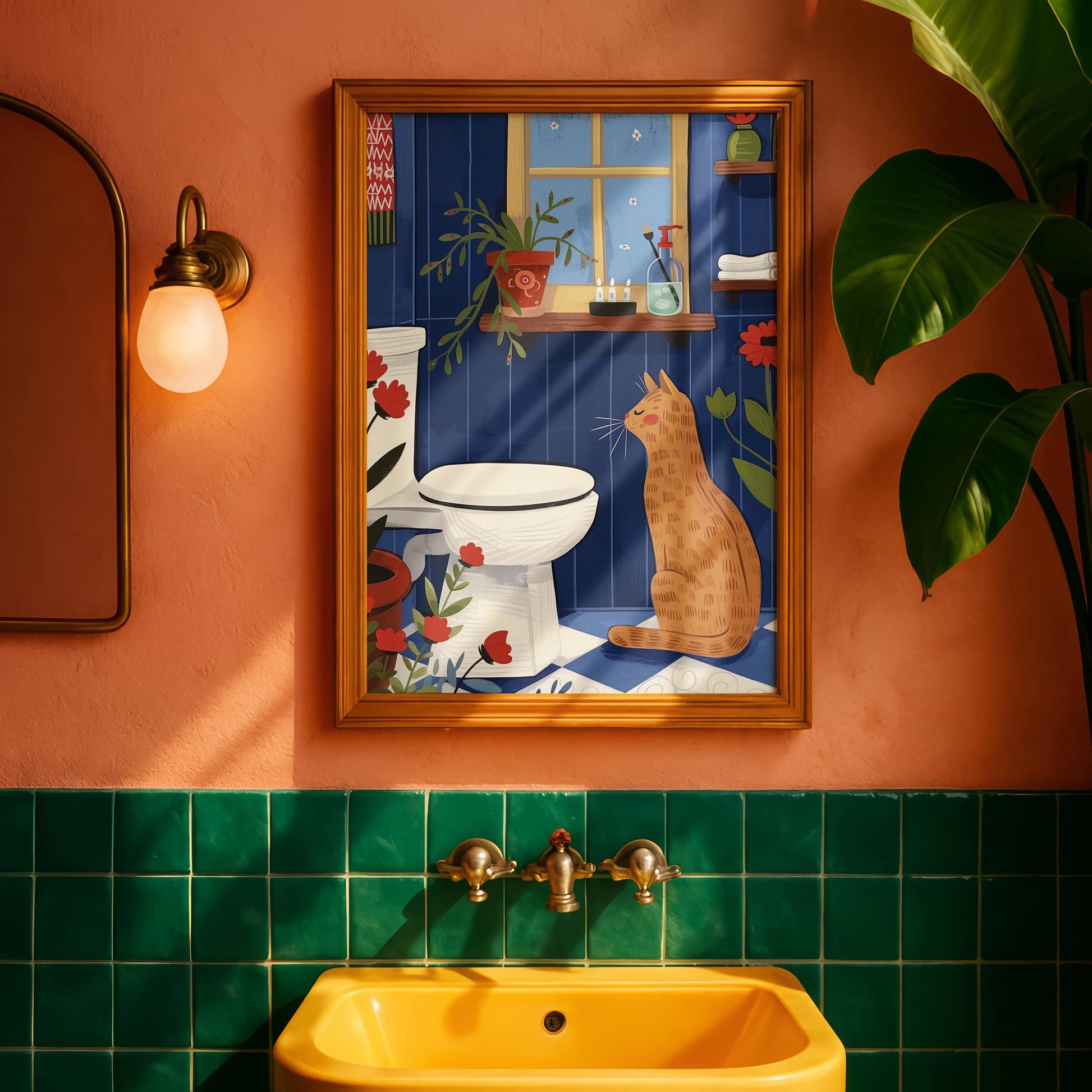 Illustration chat roux salle de bain et toilette - idée cadeau amoureux des chats