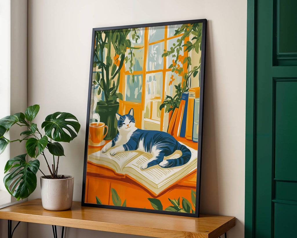 Illustration chat noir et blanc -  Décoration mural - idée cadeau amoureux des livres et des chats