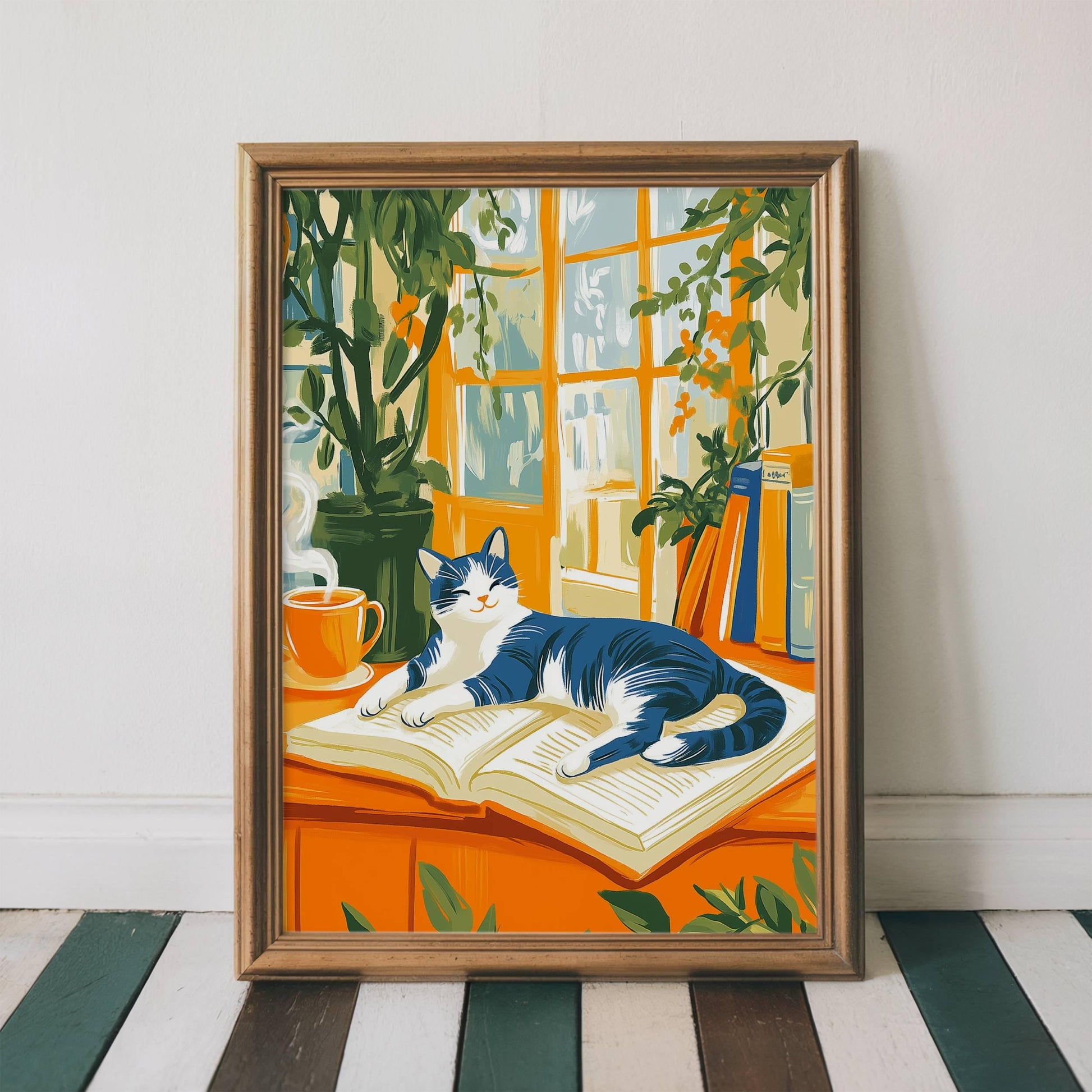 Illustration chat noir et blanc -  Décoration mural - idée cadeau amoureux des livres et des chats