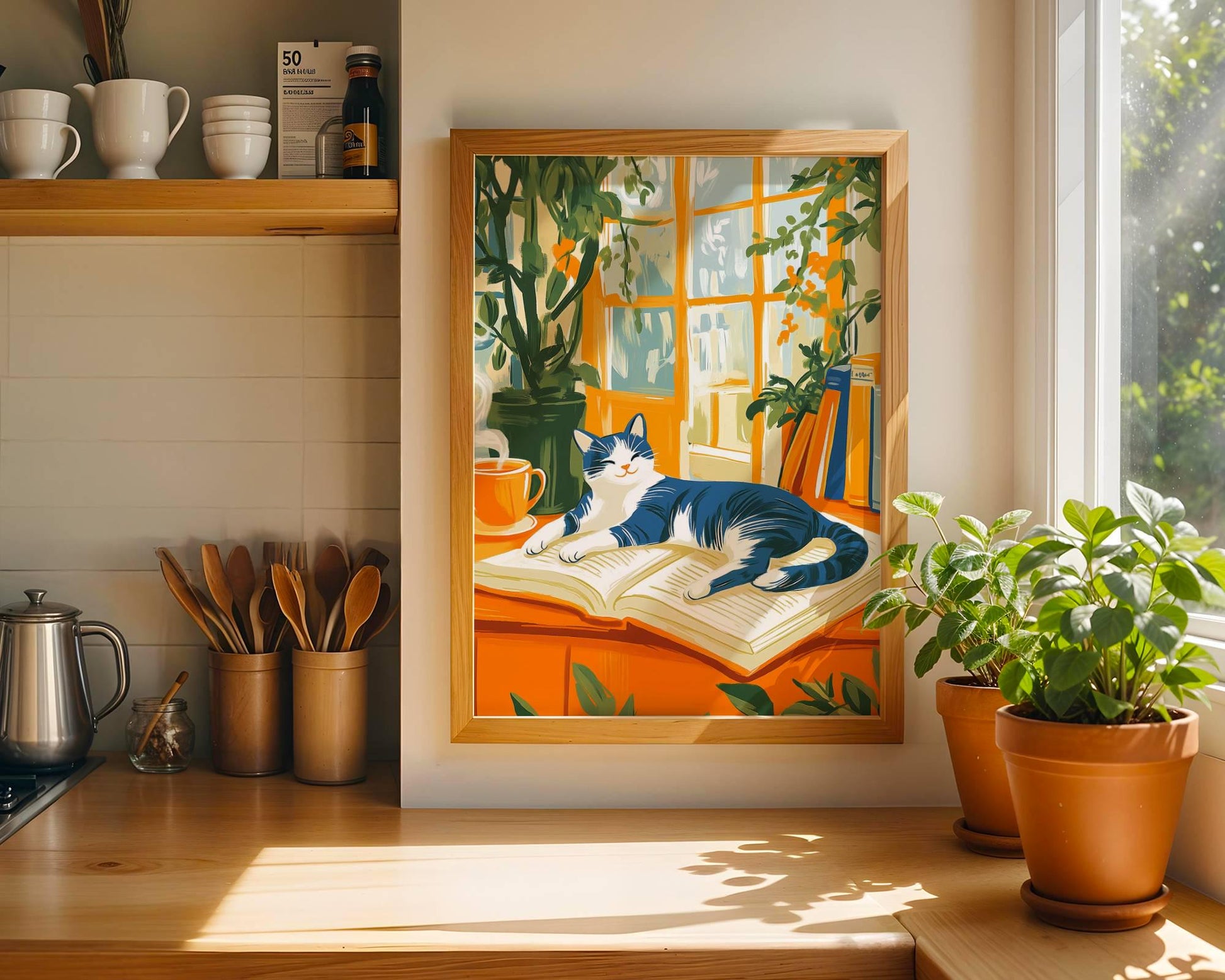 Illustration chat noir et blanc -  Décoration mural - idée cadeau amoureux des livres et des chats