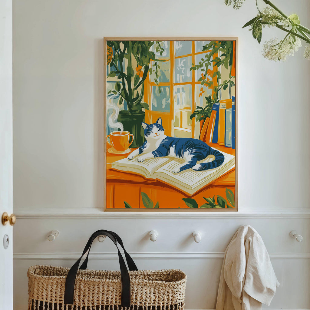 Illustration chat noir et blanc -  Décoration mural - idée cadeau amoureux des livres et des chats