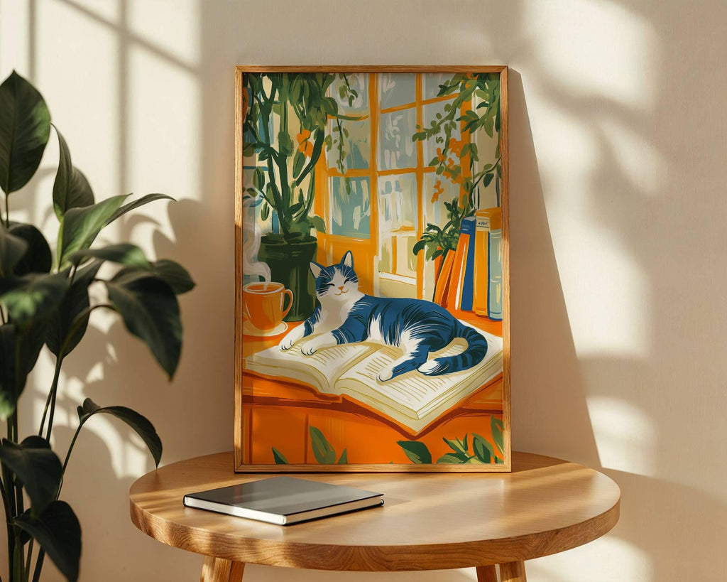 Illustration chat noir et blanc -  Décoration mural - idée cadeau amoureux des livres et des chats