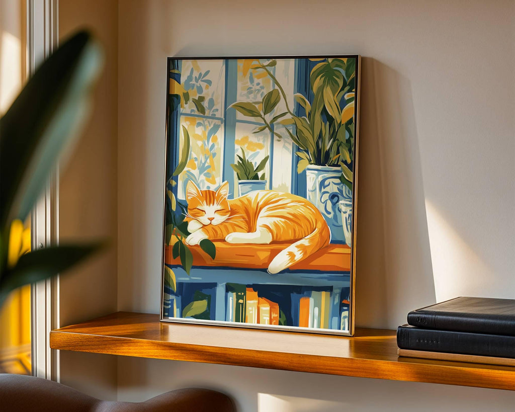 Illustration chat roux - poster chat lecture rêveuse - idée cadeau amoureux des chats et des livres