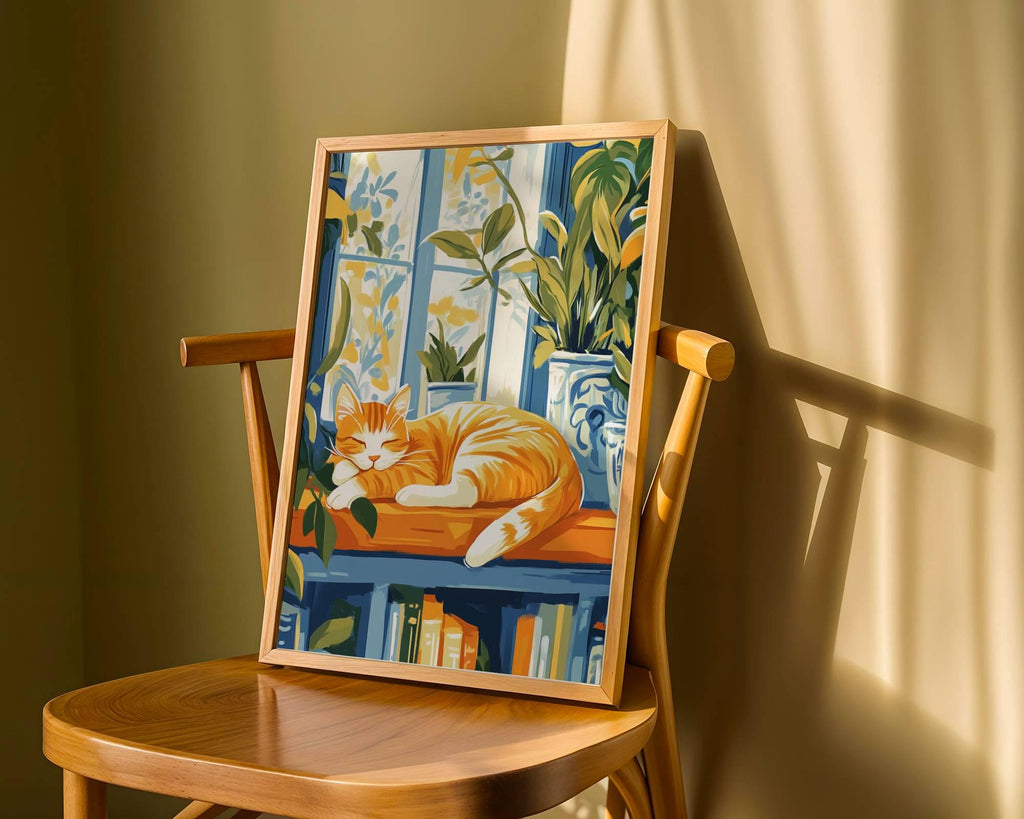 Illustration chat roux - poster chat lecture rêveuse - idée cadeau amoureux des chats et des livres