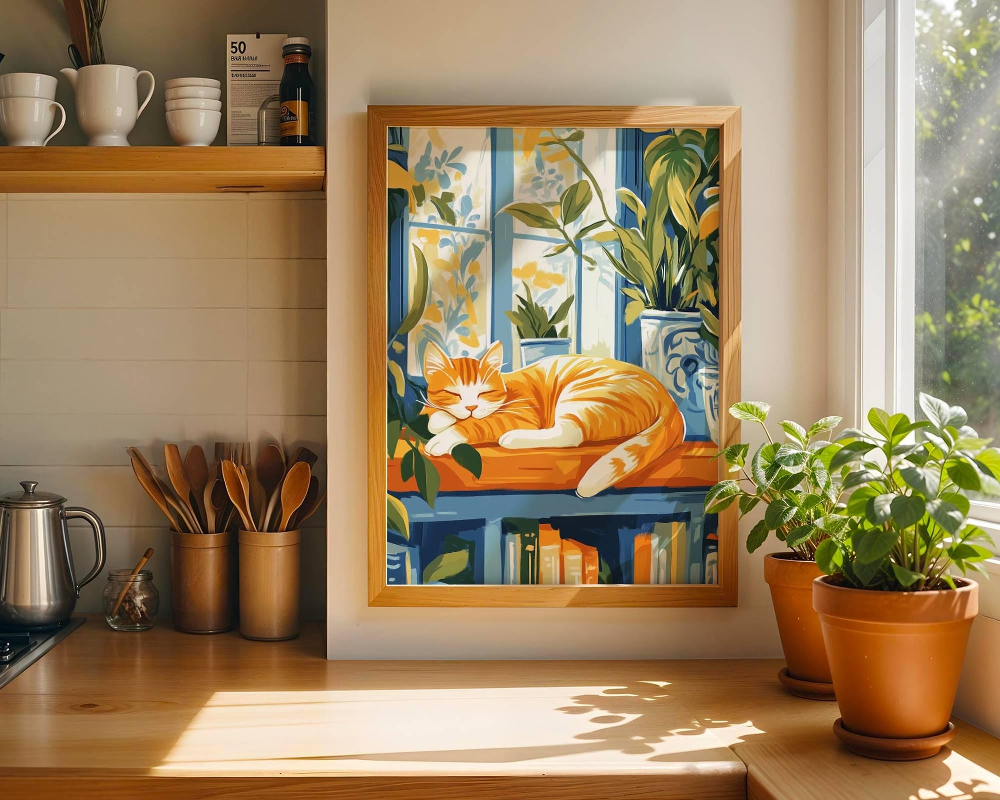 Illustration chat roux - poster chat lecture rêveuse - idée cadeau amoureux des chats et des livres