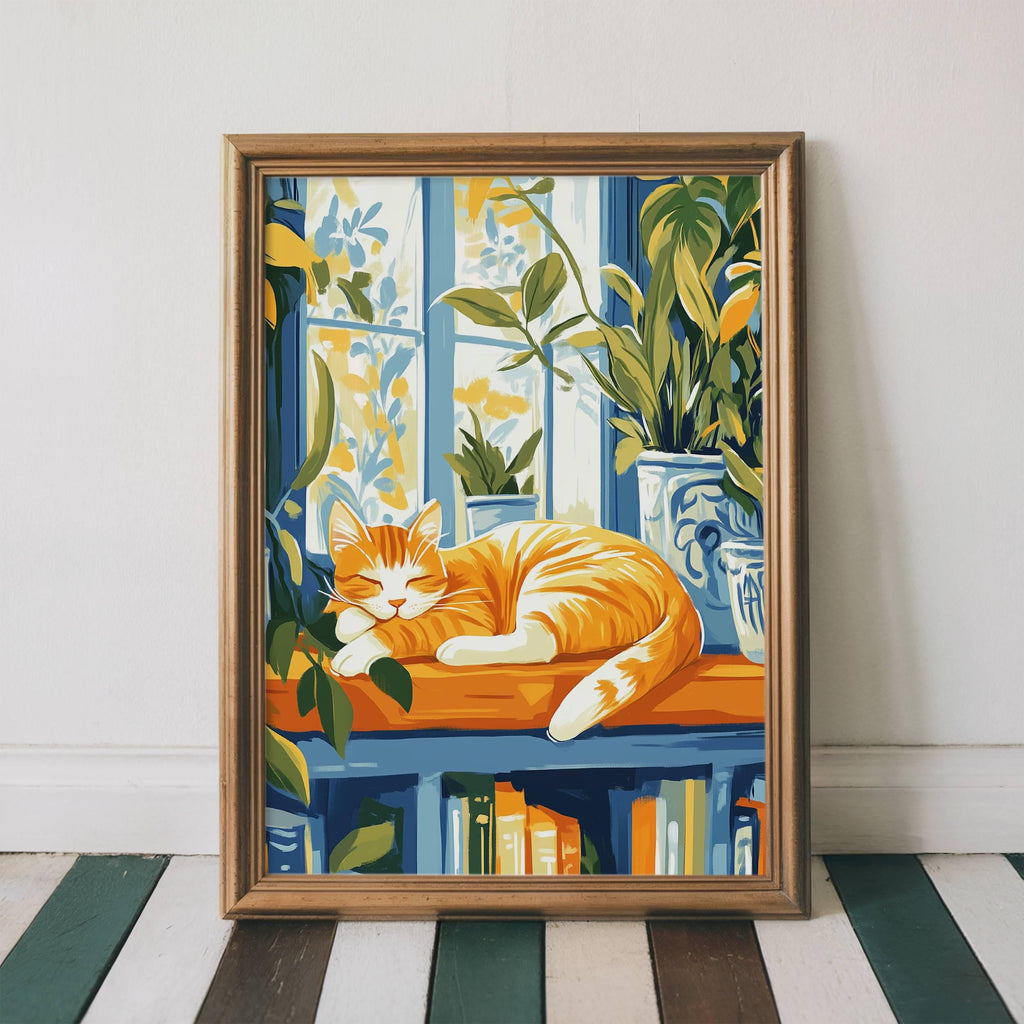 Illustration chat roux - poster chat lecture rêveuse - idée cadeau amoureux des chats et des livres