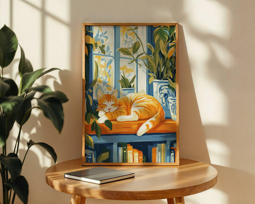 Illustration chat roux - poster chat lecture rêveuse - idée cadeau amoureux des chats et des livres