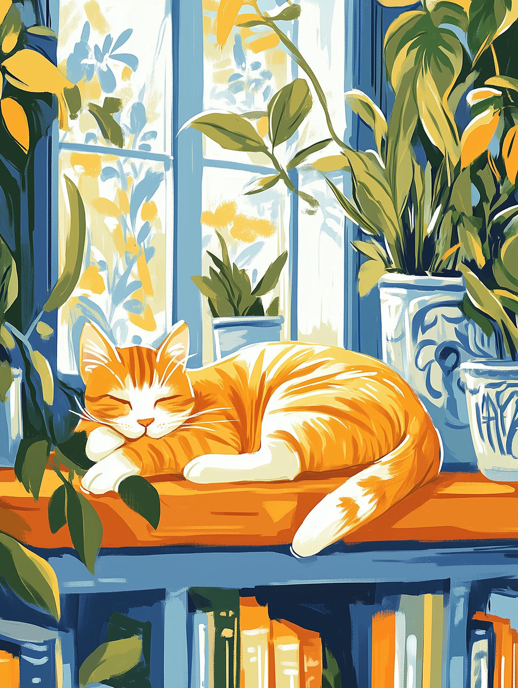 Illustration chat roux - poster chat lecture rêveuse - idée cadeau amoureux des chats et des livres