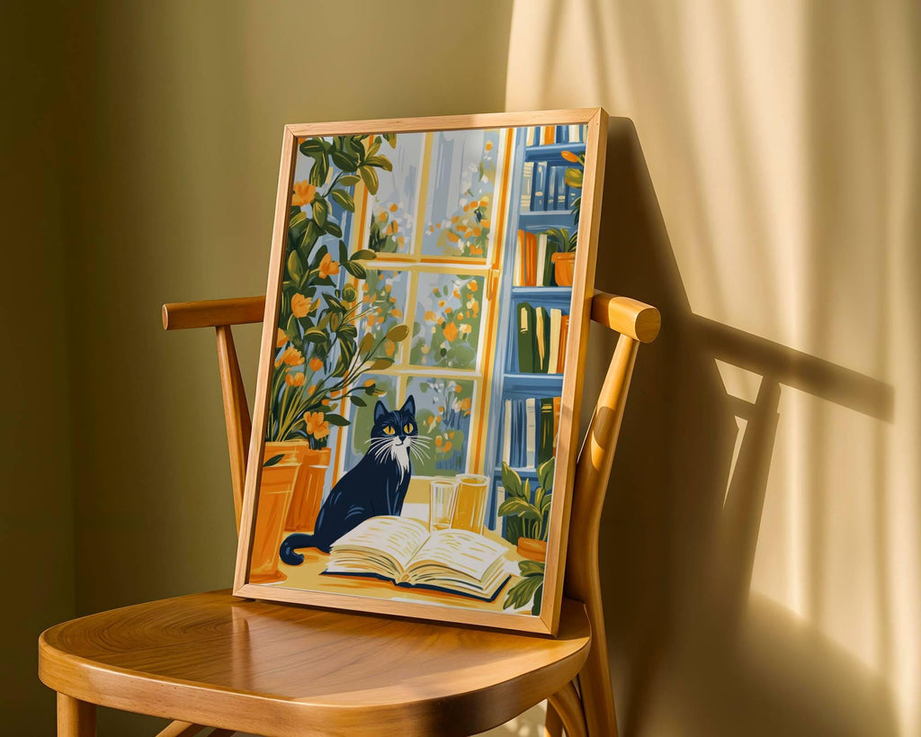 Illustration chat noir - décoration cosy -  idée cadeau amoureux des chats et des livres